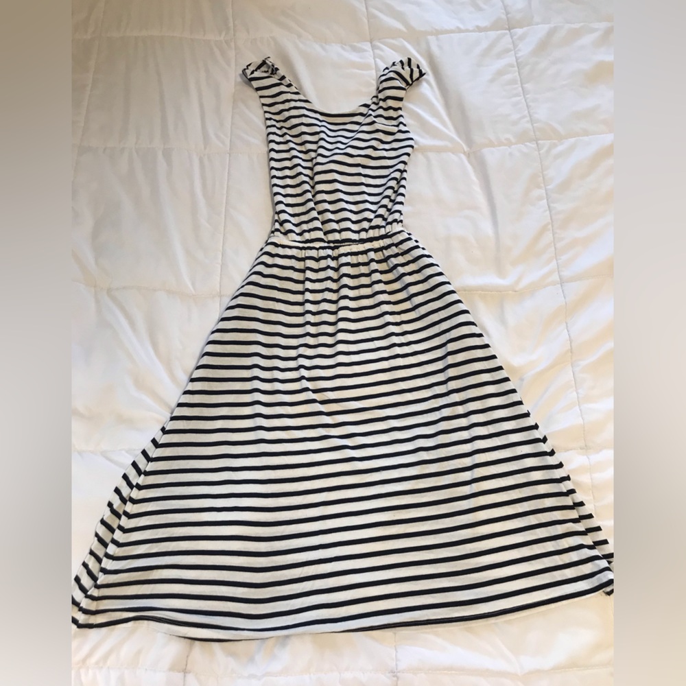 Ann Taylor LOFT black and white striped dress. Darling cross back, small. G